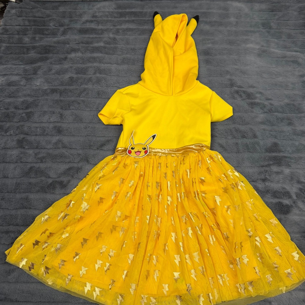 Pokemon Pikachu Girls Hooded Tulle Dress Yellow Gold Lightning Bolts Size M 7/8